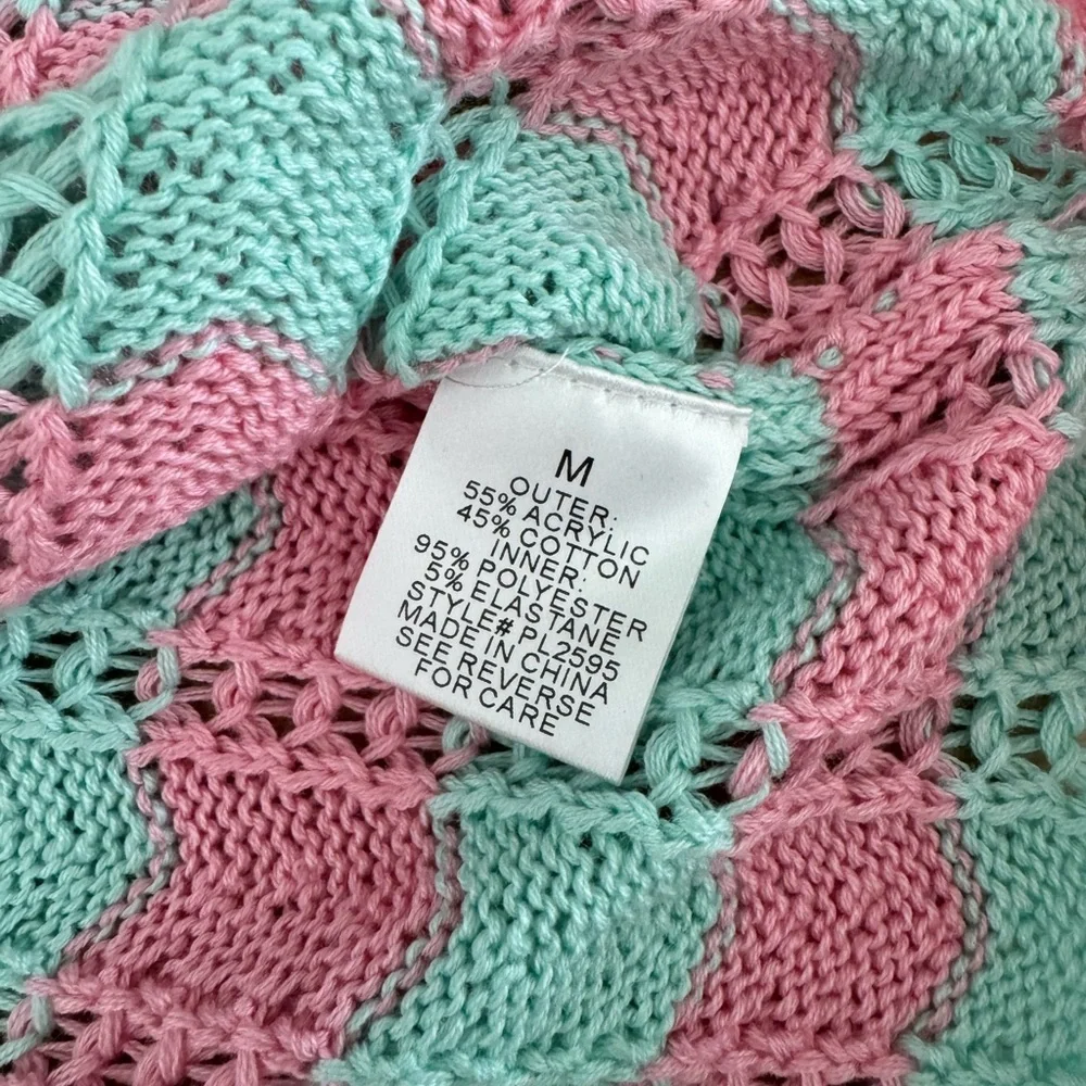 Pink Lily Knit Sweater Dress Pink Mint Striped Weave Pullover Medium Crochet - Picture 6 of 6